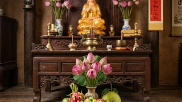 Mâm lễ chay thanh tịnh dâng lên ban thờ khi đọc văn khấn địa tạng vương bồ tát tại gia đình