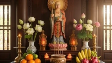 Mâm lễ chay thanh tịnh dâng lên bàn thờ cùng văn khấn Địa Tạng Vương Bồ Tát