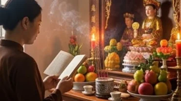 Gia chủ thành tâm đọc văn khấn điện thờ tại gia trước ban thờ Tứ Phủ trang nghiêm với nến và hương trầm