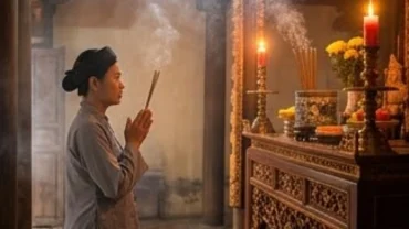 Người dân thành tâm thắp hương đọc bài văn khấn đình làng trước ban thờ Thành Hoàng được bài trí trang nghiêm
