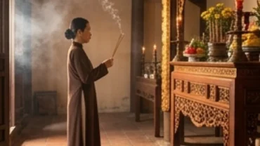 Người dân mặc áo dài truyền thống dâng hương đọc văn khấn đình làng ngày rằm tại chính điện uy nghiêm