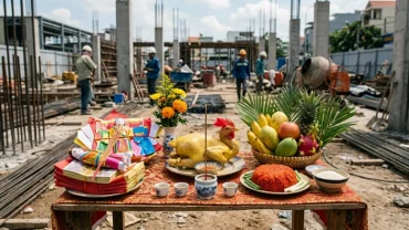 Mâm lễ mặn và đồ mã chuẩn bị cho nghi thức đọc văn khấn đổ mái nhà tại công trình