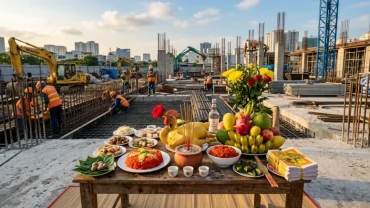 Mâm lễ vật chuẩn bị cho nghi thức đọc văn khấn đổ móng nhà với gà luộc chéo cánh và xôi gấc đỏ