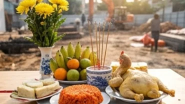 Mâm lễ cúng tươm tất với ngũ quả và xôi gà để thực hiện nghi thức đọc văn khấn đổ móng nhà