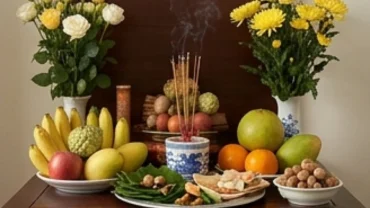 Mâm cúng gia tiên tươm tất dâng lên khi đọc văn khấn đón mẹ và bé từ viện về nhà