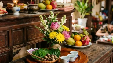 Mâm lễ tươm tất chuẩn bị cho nghi thức đọc văn khấn đón trẻ sơ sinh về nhà với hoa tươi và trầu cau
