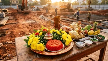 Mâm lễ vật ngũ quả và giấy tiền chuẩn bị cho nghi thức đọc văn khấn động thổ xây nhà theo truyền thống Việt Nam