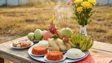 Mâm lễ cúng động thổ xây nhà với đầy đủ gà luộc, xôi, ngũ quả và văn khấn động thổ
