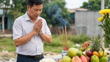 Gia chủ mượn tuổi đang thành tâm đọc văn khấn động thổ khi mượn tuổi trước mâm lễ vật truyền thống