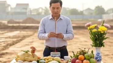 Mâm lễ vật tươm tất và người chủ trì đọc văn khấn động thổ xây công trình tại trung tâm khu đất