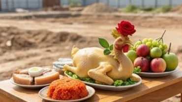 Mâm lễ cúng động thổ xây nhà đầy đủ gà luộc, xôi gấc và hoa quả được bày biện trang trọng trên khu đất mới