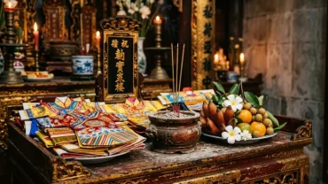 Mâm lễ vật trang nghiêm và sớ đi kèm bài văn khấn đốt quần áo cho người chết theo chuẩn phong tục truyền thống Việt Nam