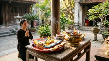 Mâm lễ trang nghiêm và nghi thức đọc văn khấn đốt quần áo tháng 7 tại sân nhà với ngọn lửa cháy đượm