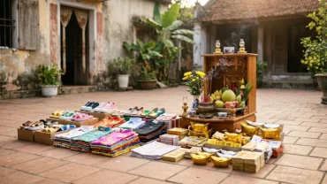 Gia quyến chuẩn bị mâm lễ và đọc văn khấn đốt vàng mã cho người mất một cách trang nghiêm