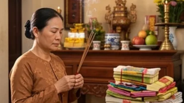 Người phụ nữ chắp tay đọc văn khấn đốt vàng mã rằm tháng 7 trước ban thờ