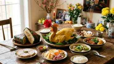 Mâm cơm cúng đầy đủ lễ vật ấm cúng cùng tờ văn khấn đưa ông bà được chuẩn bị chu đáo trước ban thờ gia tiên ngày Tết