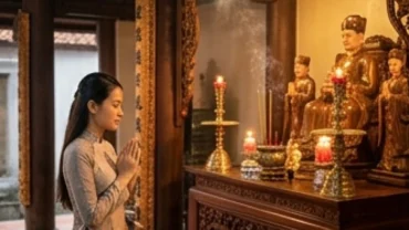 Người đi lễ chắp tay thành kính đọc văn khấn Đức Chúa Ông trước ban thờ uy nghiêm trong không gian chùa thanh tịnh