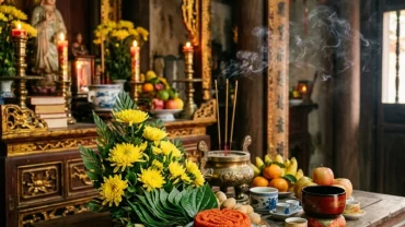 Mâm lễ vật tươm tất được bày biện trang nghiêm để đọc văn khấn đức ông tại không gian thanh tịnh của ngôi chùa Việt