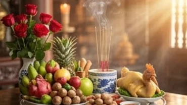 Mâm lễ vật được sắp xếp trang trọng để thực hiện nghi thức đọc văn khấn Đức Ông tại ngôi chùa