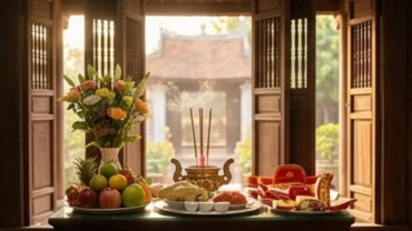 Người đi lễ thành tâm đọc văn khấn Đức Ông Đệ Tam Cửa Suốt trước ban thờ uy nghi