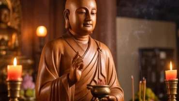 Tượng Đức Thánh Hiền uy nghi bưng lư hương đặt tại gian bái đường của ngôi chùa Việt Nam