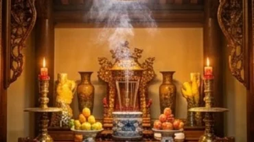 Mâm lễ tươm tất dâng lên án thờ trong lúc người đi lễ đọc bài văn khấn Đức Thánh Tản Viên cầu bình an