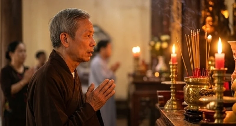 Văn khấn xin lộc Đền Và: Bài cúng chuẩn và trình tự dâng lễ 6 Người đi lễ thì thầm đọc văn khấn Đức Thánh Tản Viên với nét mặt thành tâm hướng về ban thờ chính