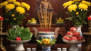 Mâm lễ dâng hương và bài văn khấn Đức Thánh Trần được chuẩn bị trang nghiêm tại đền