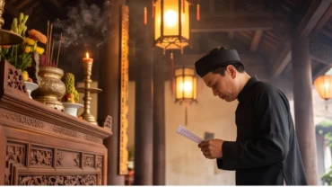 Người đi lễ thành tâm chắp tay đọc văn khấn Đức Thánh Trần tại Đền Ngọc Sơn, cầu mong gia đạo bình an