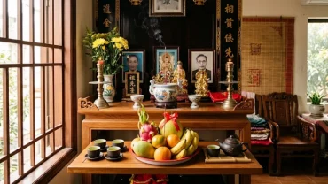 Mâm cúng truyền thống của người Việt được bày trí trang nghiêm để đọc văn khấn gia tiên trong ngày rằm