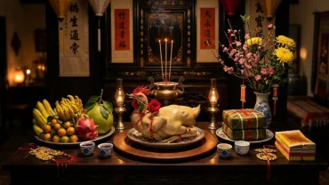 Hình ảnh chuẩn bị mâm lễ và đọc văn khấn gia tiên đêm giao thừa truyền thống của người Việt.