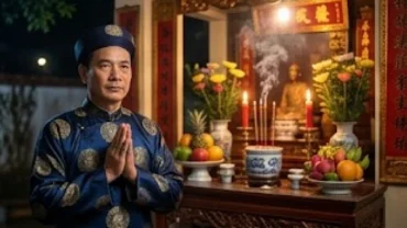 Người đàn ông chắp tay trang nghiêm đọc văn khấn gia tiên đêm giao thừa trước ban thờ sáng đèn