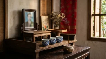 Không gian thờ cúng thanh tịnh với mâm lễ tối giản chuẩn bị cho nghi thức đọc văn khấn gia tiên hàng ngày