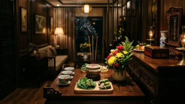 Mâm lễ vật và bài văn khấn gia tiên mùng 1 thanh tịnh trang nghiêm trên bàn thờ truyền thống Việt Nam