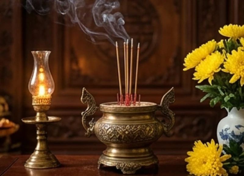 Văn khấn mùng 1 Tết: Bài cúng chuẩn, giờ đẹp và mâm lễ 3 miền 7 Bát hương trên bàn thờ gia tiên nghi ngút khói trầm bên cạnh đĩa hoa quả trong ngày cúng mùng 1 Tết