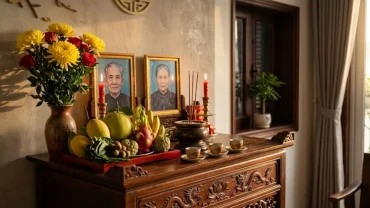 Mâm cúng tươm tất chuẩn bị cho nghi thức đọc văn khấn gia tiên ngày 23 tháng chạp với hương hoa và trà quả