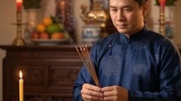Người đàn ông mặc áo dài truyền thống thắp hương trước bàn thờ gia tiên ngày 30 Tết