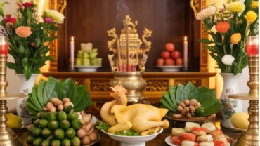 Nghi thức đọc văn khấn gia tiên ngày ăn hỏi trước bàn thờ trang nghiêm với mâm quả truyền thống