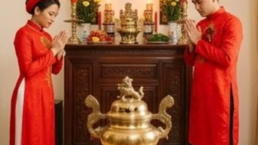 Cô dâu chú rể mặc áo dài đỏ truyền thống chắp tay thành kính thực hiện nghi lễ đọc văn khấn gia tiên ngày cưới trước bàn thờ