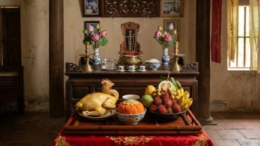 Mâm lễ vật truyền thống và không gian thờ cúng trang nghiêm để đọc văn khấn gia tiên ngày giỗ