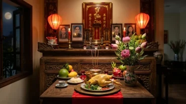 Mâm lễ vật trang nghiêm và bài văn khấn gia tiên ngày rằm được chuẩn bị chu đáo theo phong tục truyền thống Việt Nam