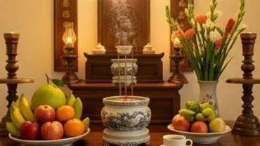 Mâm lễ cúng và văn khấn gia tiên ngày rằm trang nghiêm trên bàn thờ truyền thống