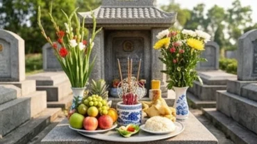 Mâm lễ tươm tất cùng bài văn khấn gia tiên ngoài mộ được chuẩn bị trang nghiêm