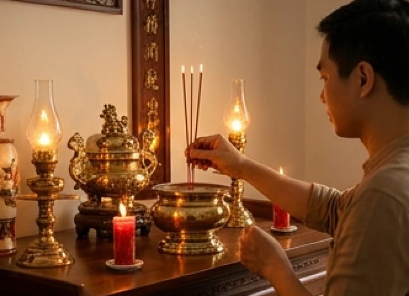 Gia chủ thắp hương mời ông bà tổ tiên về an vị tại không gian thờ cúng mới