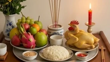 Mâm lễ cúng tươm tất dâng lên bàn thờ kèm văn khấn gia tiên rằm tháng 10 chuẩn mực