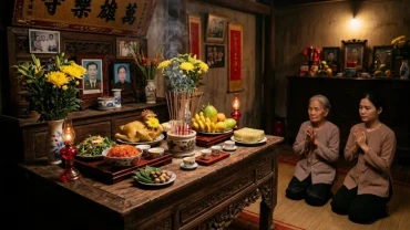 Mâm cỗ mặn tươm tất với gà luộc và xôi gấc bày biện trang nghiêm chuẩn bị đọc văn khấn gia tiên rằm tháng 7