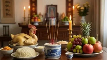 Mâm cúng gia tiên rằm tháng 7 với đầy đủ lễ vật gà luộc xôi đỗ và hương đăng trà quả