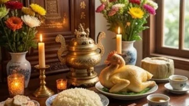 Mâm cúng và văn khấn gia tiên rằm tháng Chạp được chuẩn bị trang nghiêm, tươm tất trên bàn thờ