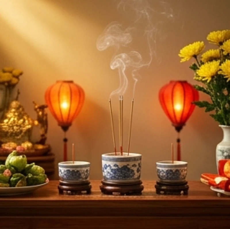 Không gian thờ cúng gia tiên và thần linh thanh tịnh với đèn lồng và hương trầm