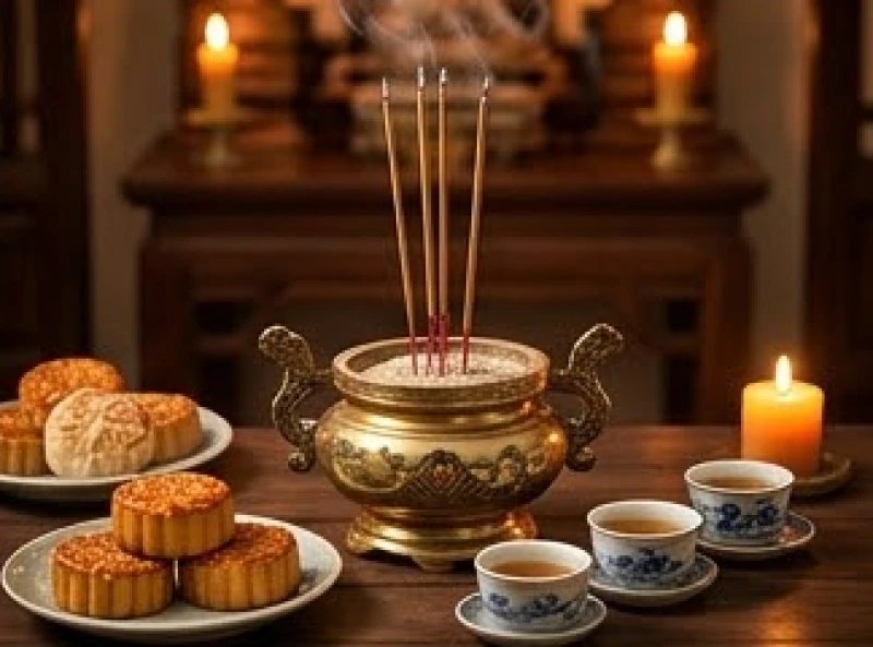 Văn khấn Tết Trung Thu: Trọn bộ bài cúng và trình tự làm lễ 6 Lư hương đồng tinh xảo khói tỏa nghi ngút đặt cạnh bánh nướng và trà thơm trên bàn thờ gia tiên